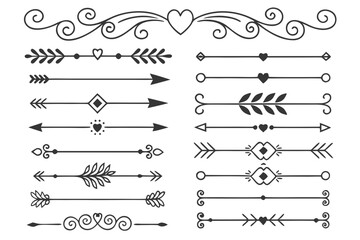 Hand-Drawn Elegant Dividers with Arrows, Curved Swirls, and Floral Borders in Black Vector. Vintage Line Art for Creative Layouts and Invitations.

