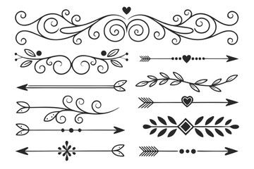 Fototapeta premium Ornamental Decorative Borders with Arrows and Floral Swirls in Hand-Drawn Black Vector. Elegant Dividers for Invitations, Posters, and Layout Projects.