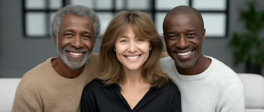 Unified Smiles: A portrait of three individuals radiating warmth and camaraderie, their genuine smiles echoing a sense of connection and harmony in a modern setting.