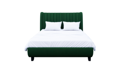 Green bed with pillows and white bedding, cut out transparent