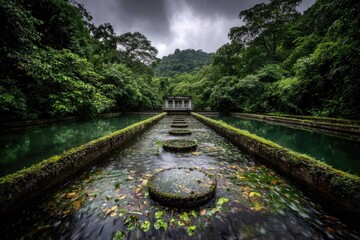Water channels wind through lush green forest, leading to a small pavilion