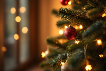 Holiday Magic Close Up of Christmas Tree Ornaments and Warm Lights