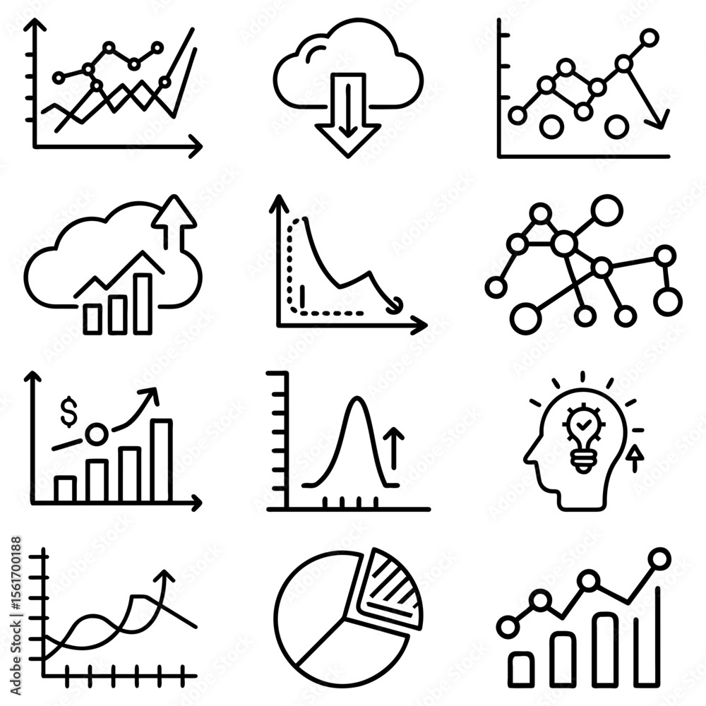 Poster collection of various data visualization icons including graphs charts and cloud data representation