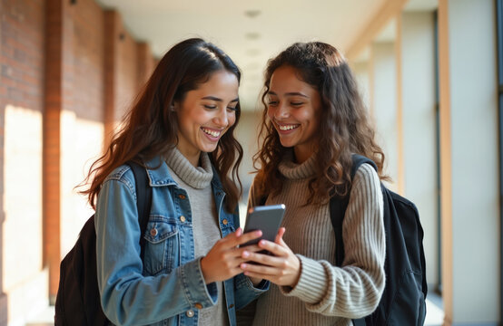 Two young smiling multiracial female students use smartphone together, laugh. Happy girls friends look at phone screen in college hallway. Student life, higher education concept, youth lifestyle.