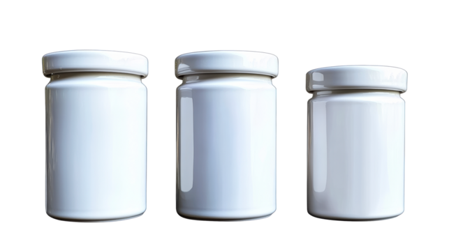 Three white bottles, container mockups, vessel templates, cut out transparent