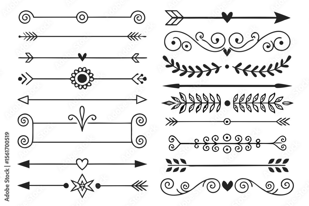 Fototapete ornamental arrow and swirl dividers with floral accents in hand-drawn elegant black vector. decorati