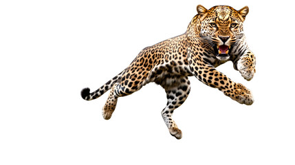 Fototapeta premium Leopard leaping, feline predator with open mouth, cut out transparent