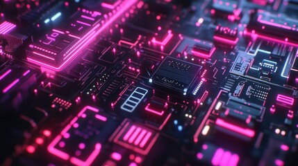 Obraz premium Close-up of vibrant circuit board with glowing neon lines