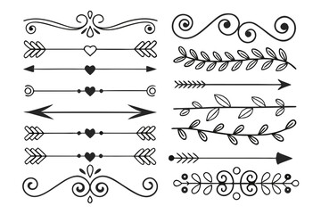 Fototapeta premium Ornamental Hand-Drawn Dividers in Black Vector Featuring Arrows, Swirls, and Floral Motifs. Elegant Borders for Layout Design and Wedding Projects.