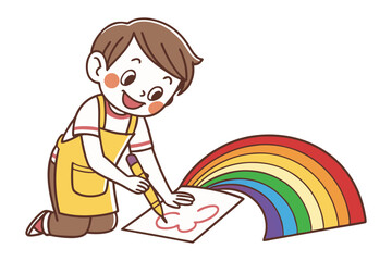 Artistic Imagination Unveiled: A young artist joyfully brings a colorful rainbow to life on a paper, radiating creativity and youthful expression.