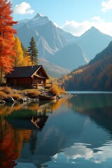 Fototapeta premium Autumn Mountain Reflections with Cozy Log Cabin and Boat by the Shore