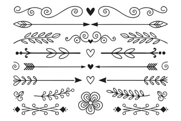 Obraz premium Decorative Divider Set in Hand-Drawn Black Vector Featuring Curved Arrows, Floral Swirls, and Ornamental Accents for Layout Templates and Invitations.