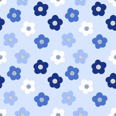 Charming seamless pattern with blue and white flowers on a light blue background, ideal for various surface designs.
