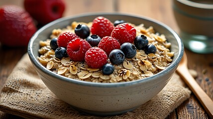 Warm Oatmeal Served with Fresh Berries in Bowl