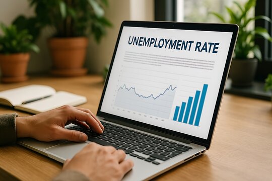 Hands typing on a laptop displaying an unemployment rate graph in a bright, modern workspace.