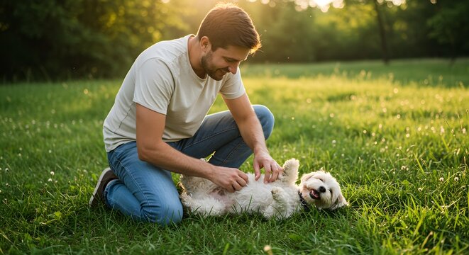Owner man petting and playing with liying dog in sunny outdoor park. Leisure and pet care