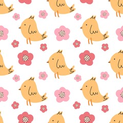 Adorable seamless pattern featuring cute yellow birds and pink flowers on a white background, perfect for children's designs and textiles.