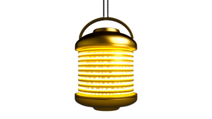 Hanging golden decorative lamp, illuminated, isolated, cut out transparent