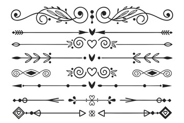 Fototapeta premium Hand-Drawn Decorative Divider Borders in Elegant Black Vector Featuring Arrows, Floral Accents, and Curved Swirls for Posters and Layout Design.