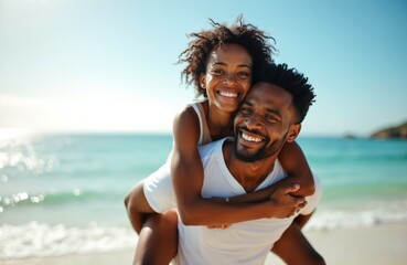 Happy couple enjoys piggyback ride on beach. African man carries joyful woman, both smiling. Romantic vacation, sunny day at sea. Relationship, love, adventure, summer break.