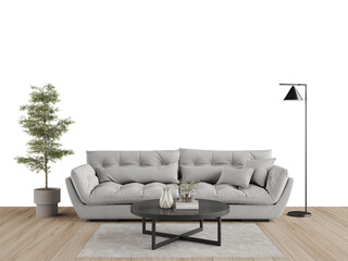 Modern Gray Sofa with Coffee Table and Indoor Plant PNG Transparent Background Front View with Shadow for Interior Design Mockup