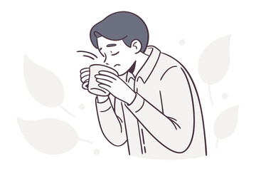 Savoring the Brew: A contemplative individual enjoys a moment of serenity, gently lifting a warm beverage towards their face, relishing the comforting essence within a tranquil setting.