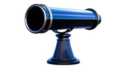 Shiny metallic telescope on stand against dark background, cut out transparent