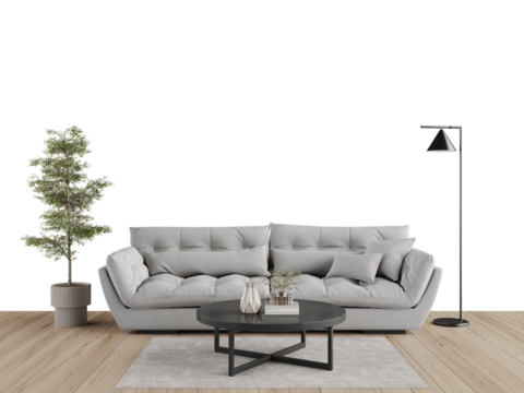 Modern Gray Sofa with Coffee Table and Indoor Plant PNG Transparent Background Front View with Shadow for Interior Design Mockup