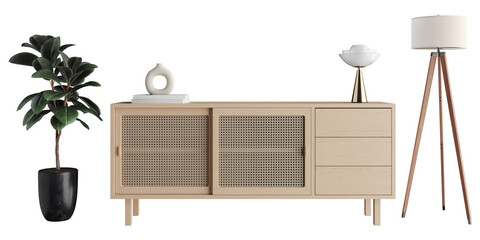 Natural Wood Sideboard with Floor Lamp and Plant PNG Transparent Background Front View with Shadow...