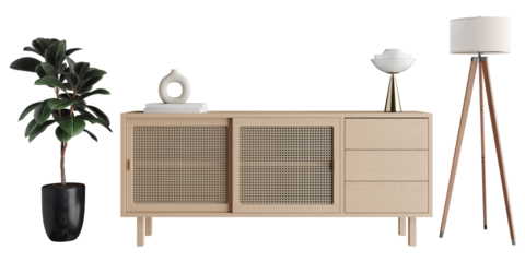 Natural Wood Sideboard with Floor Lamp and Plant PNG Transparent Background Front View with Shadow for Interior Design Mockup