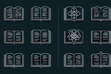 Open books, various styles, on dark background.  Line art,  outline illustrations of books.  Some books feature an atom graphic
