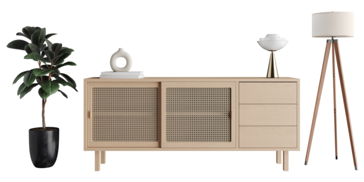 Natural Wood Sideboard with Floor Lamp and Plant PNG Transparent Background Front View with Shadow for Interior Design Mockup