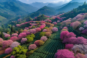 A stunning aerial perspective of cherry trees in full bloom among vibrant tea fields in Longyan, China. 