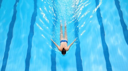 Top view of a female athlete swimming in a pool, demonstrating a graceful and powerful technique