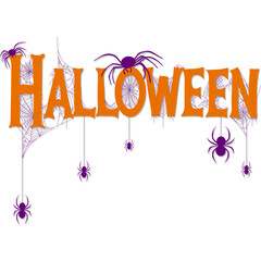 Halloween typography clipart with orange spooky text, purple spiders, and spider webs. Transparent background for easy use in Halloween designs and decorations.