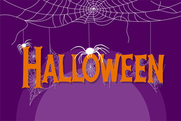Halloween orange text with white spiders and webs hanging from the top on a vibrant purple background. Ideal for Halloween events and digital use.