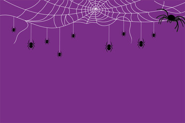 Purple Halloween background with hanging spiders and spiderweb border, perfect for spooky holiday themes and party invitations.
