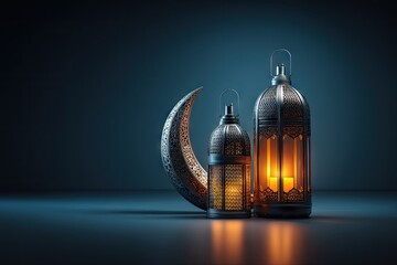 Two ornate metal lanterns, a crescent moon, and a dark background.  Intricate designs, warm light within.  Calm, elegant Islamic imagery