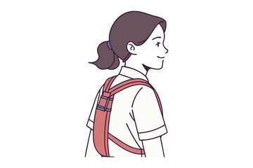 Student wearing chest strap: A student with a ponytail is wearing a chest strap, suggesting the safety and support of the school child. Capturing the scene in a clear, illustration-style perspective.