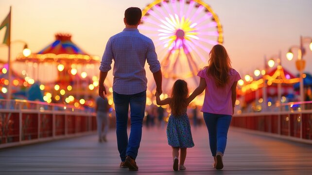 Family holding hands, crossing park bridge during golden sunset, sharing warm moment of togetherness and connection - Powered by Adobe