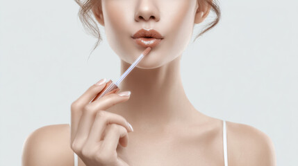 Lip gloss application close up with natural makeup tutorial showing smooth skin and nude lip color enhancing beauty