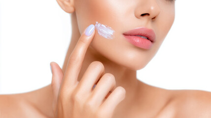 Soft skin care cream on finger near lips shows makeup tutorial for smooth glowing face with natural beauty and gentle touch