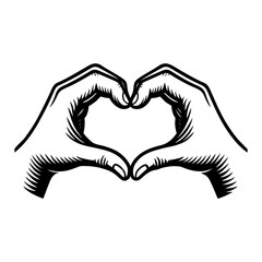Obraz premium Graceful Pair of Human Hands Making Heart Shape Gesture Black and White Outline Line Art Drawing Vector