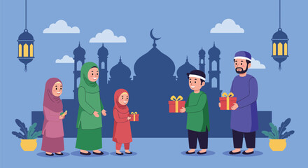 Muslim Family Celebrating Eid with Gifts in Front of a Mosque Illustration