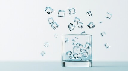 Obraz premium Ice cubes are falling and bouncing inside a transparent glass on a light blue background, creating a refreshing image