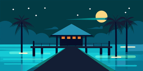 Tranquil Night Scene Beach House Under Starlit Sky