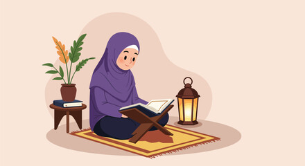 Muslim woman reading holy Quran book during Ramadan month with lantern and plant illustration