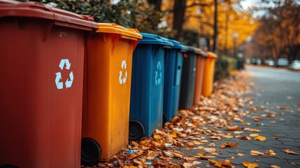 Obraz premium Colorful recycling bins along autumnal street