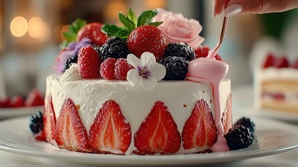 Close-up of cake decoration process