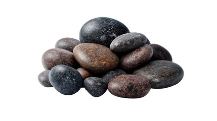 Heap of assorted river pebbles, rounded, smooth, isolated, cut out transparent
